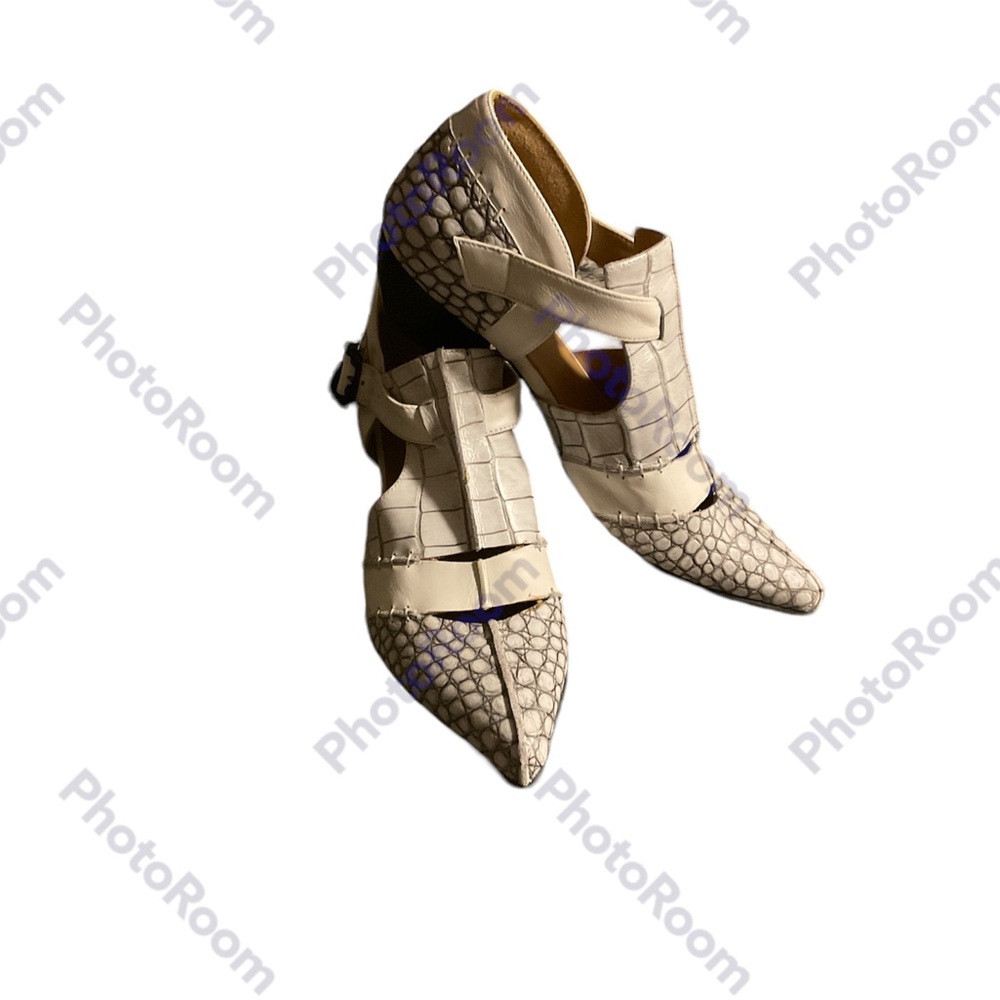 John Fluevog Cream Croc-Embossed Ankle Boots